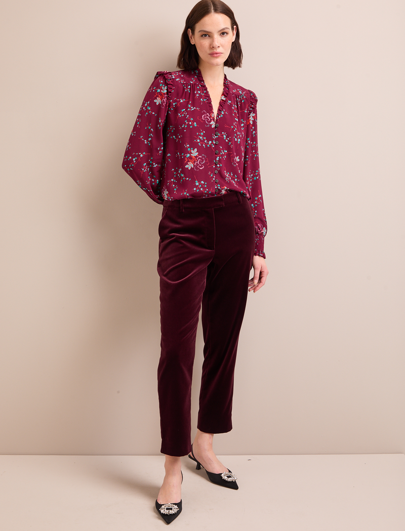 Stella Silk Shirt - Burgundy Lotus Print