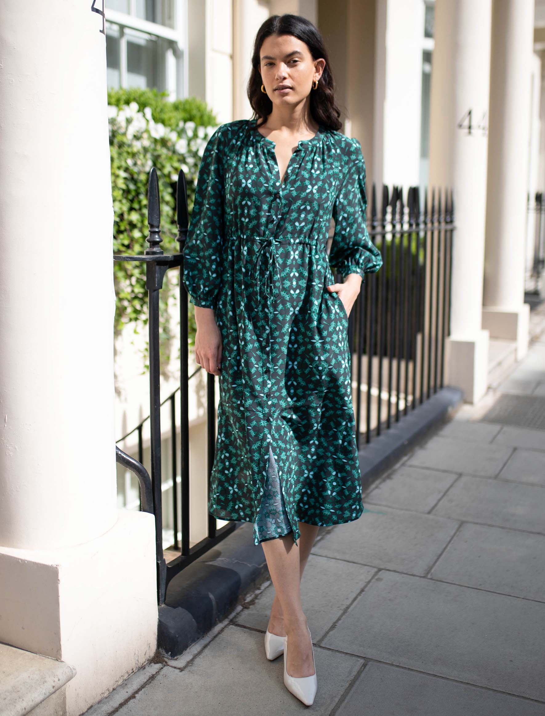 Heidi Silk Collarless Gathered Maxi Silk Shirt Dress in Green