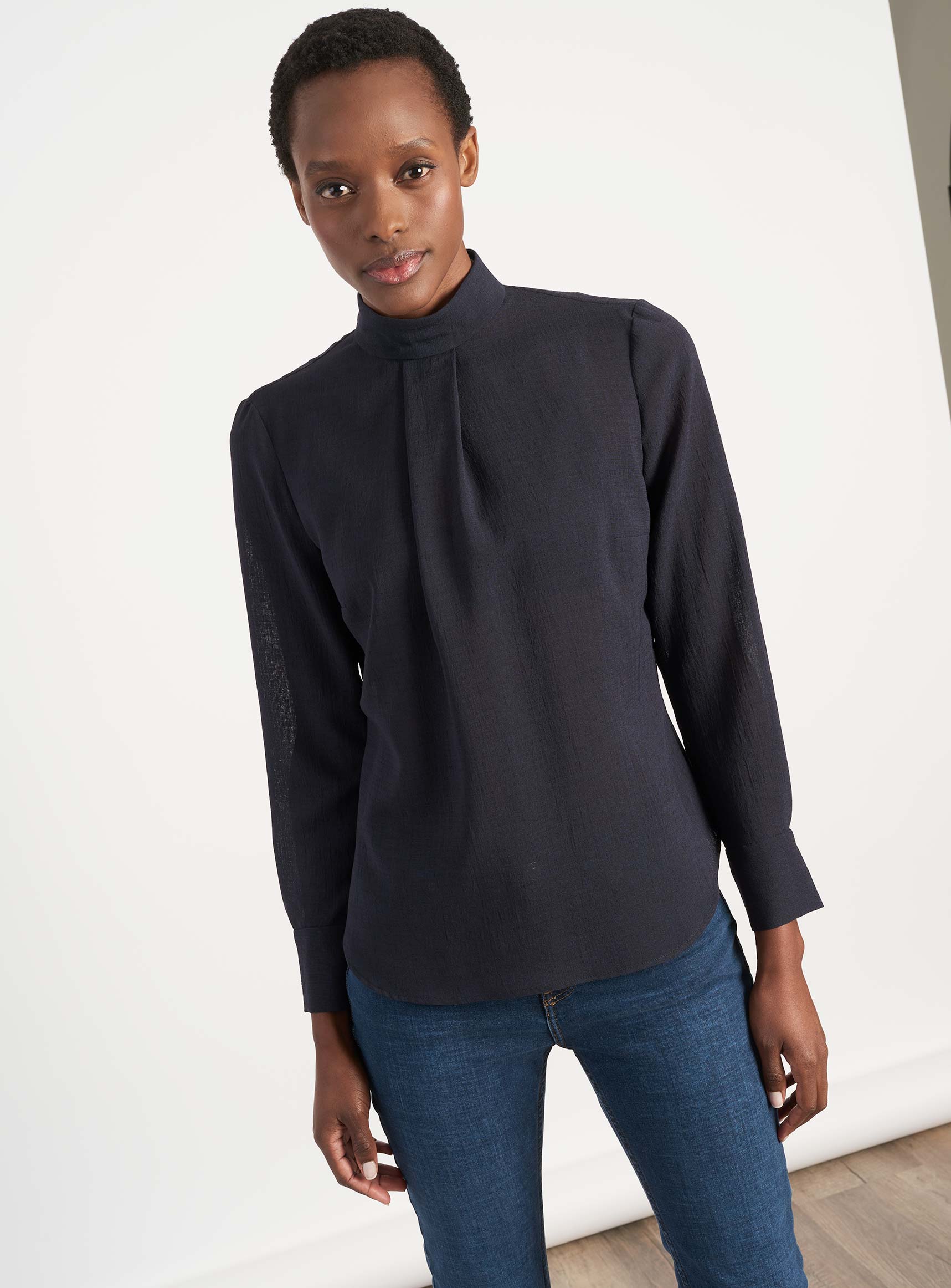 Riley Funnel Neck Blouse in Navy