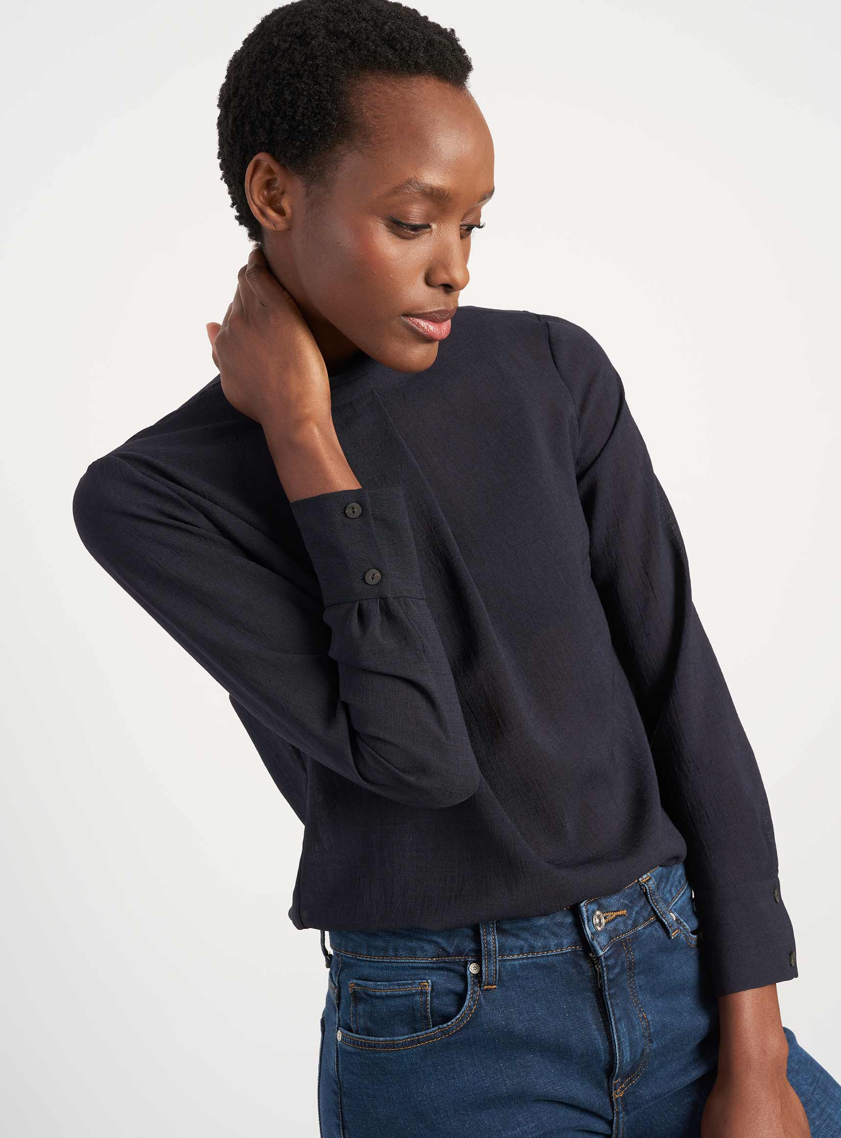 Riley Funnel Neck Blouse in Navy