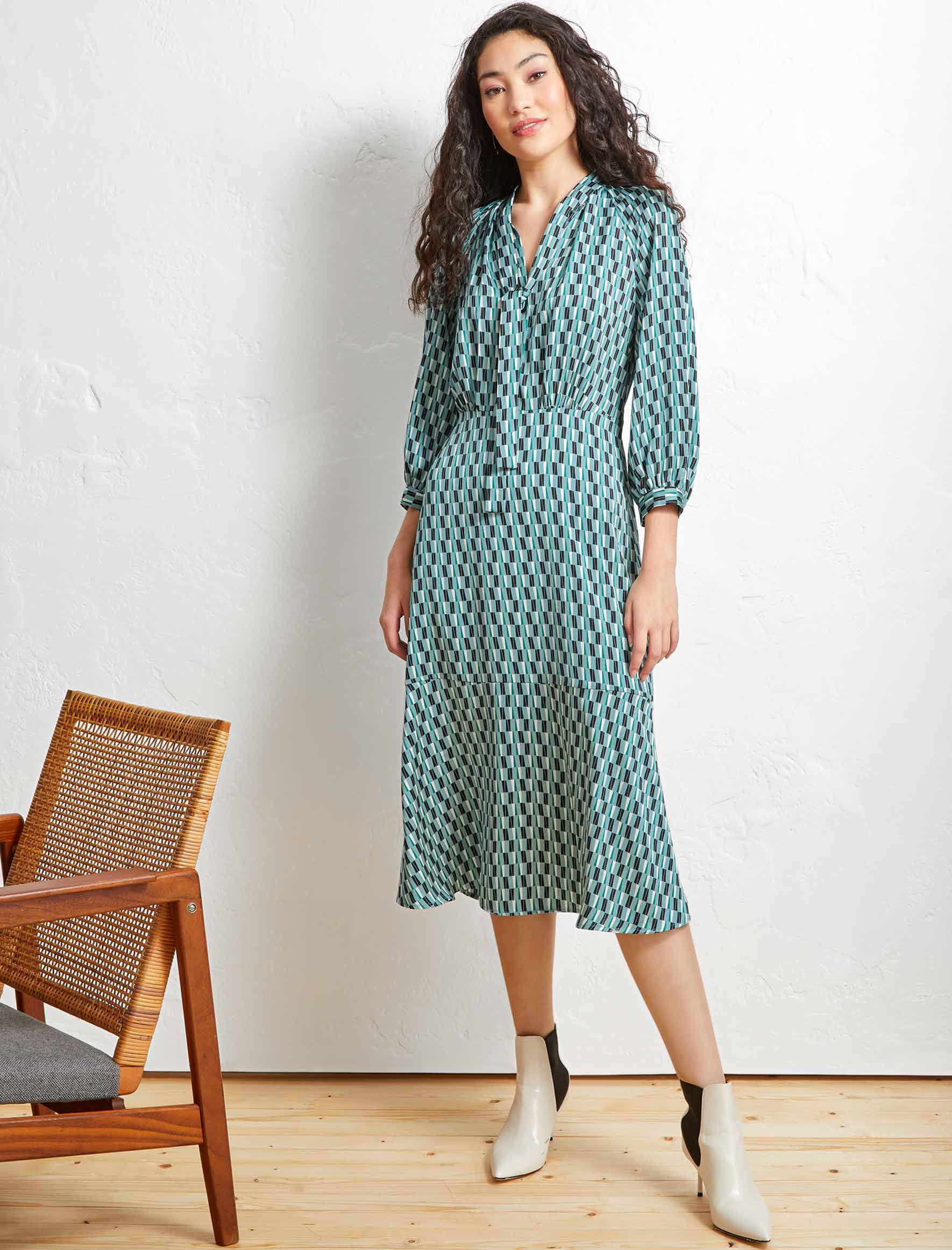 Daria Pussy Bow Midi Dress Mint Geo Print Dress