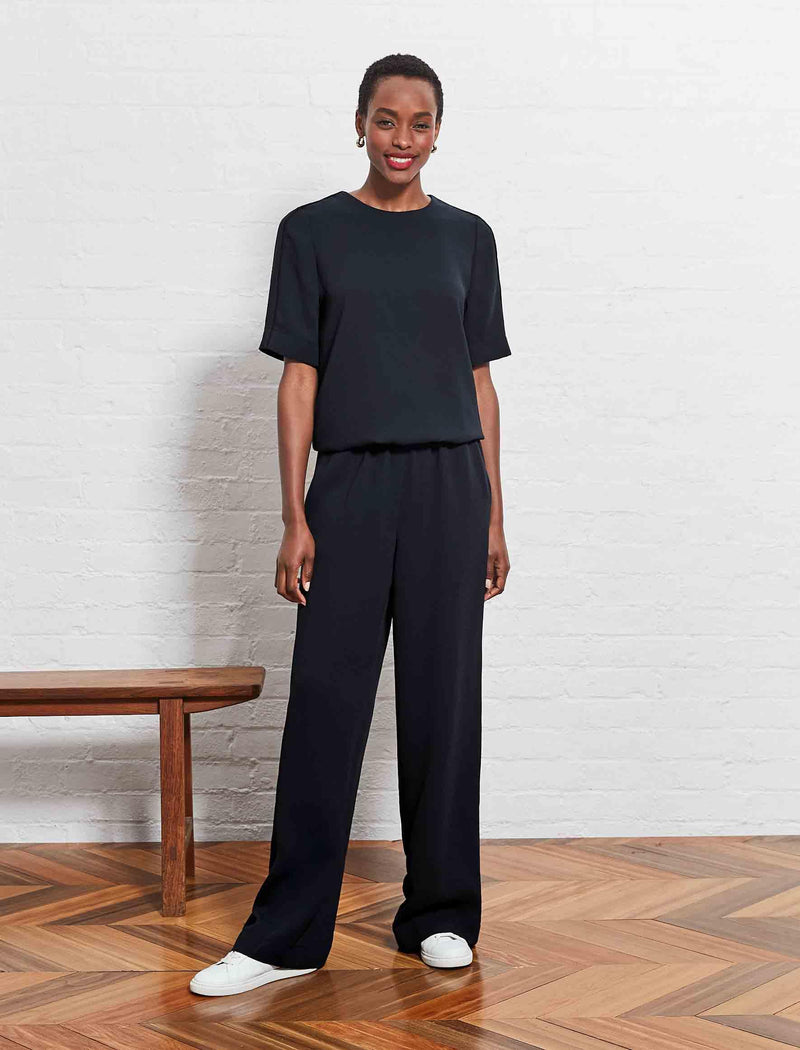 Jennifer Short Sleeve Gathered Waist Jumpsuit - Black