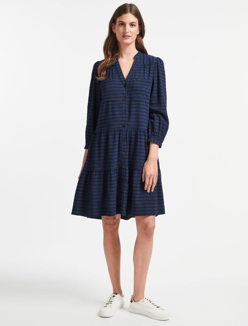 Delaney Cotton Seersucker Shirt Dress - Navy Black