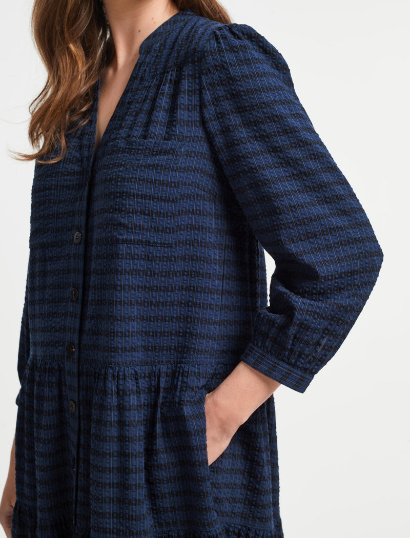 Delaney Cotton Seersucker Shirt Dress - Navy Black