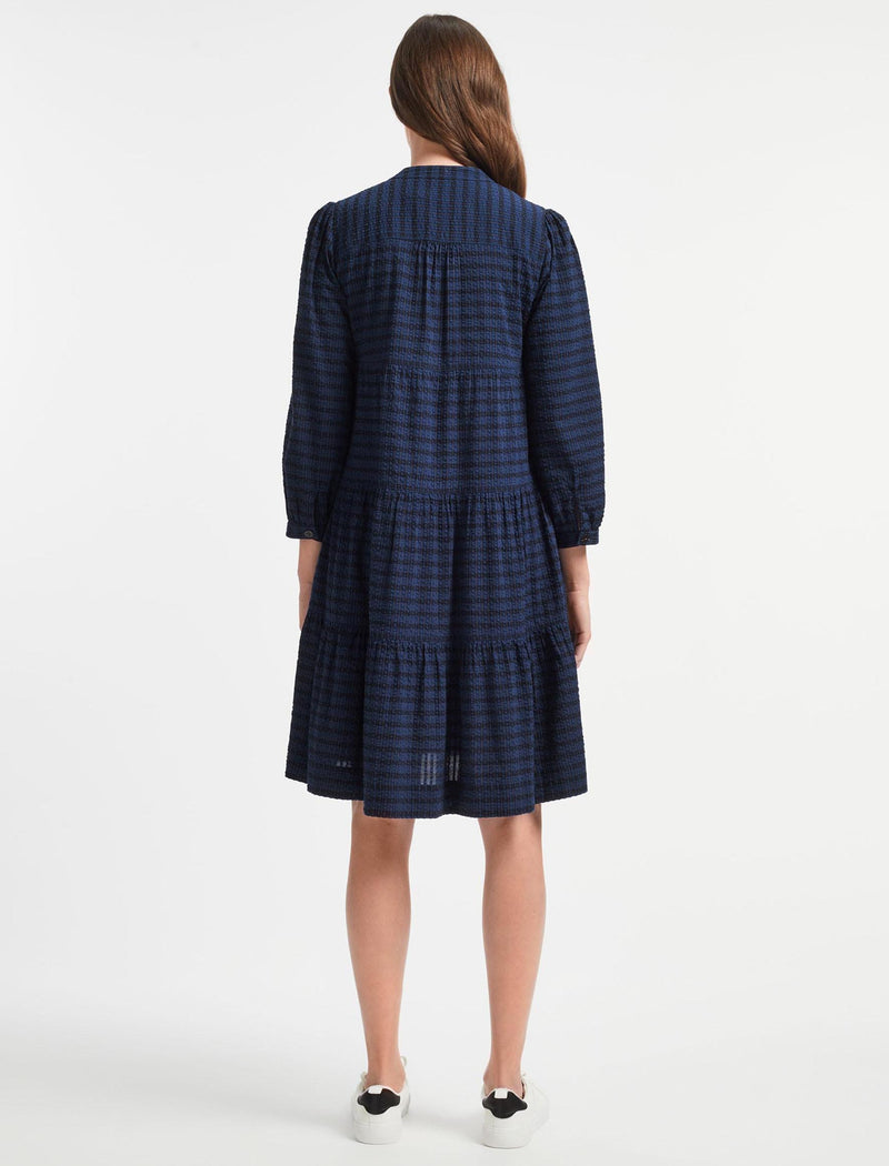 Delaney Cotton Seersucker Shirt Dress - Navy Black