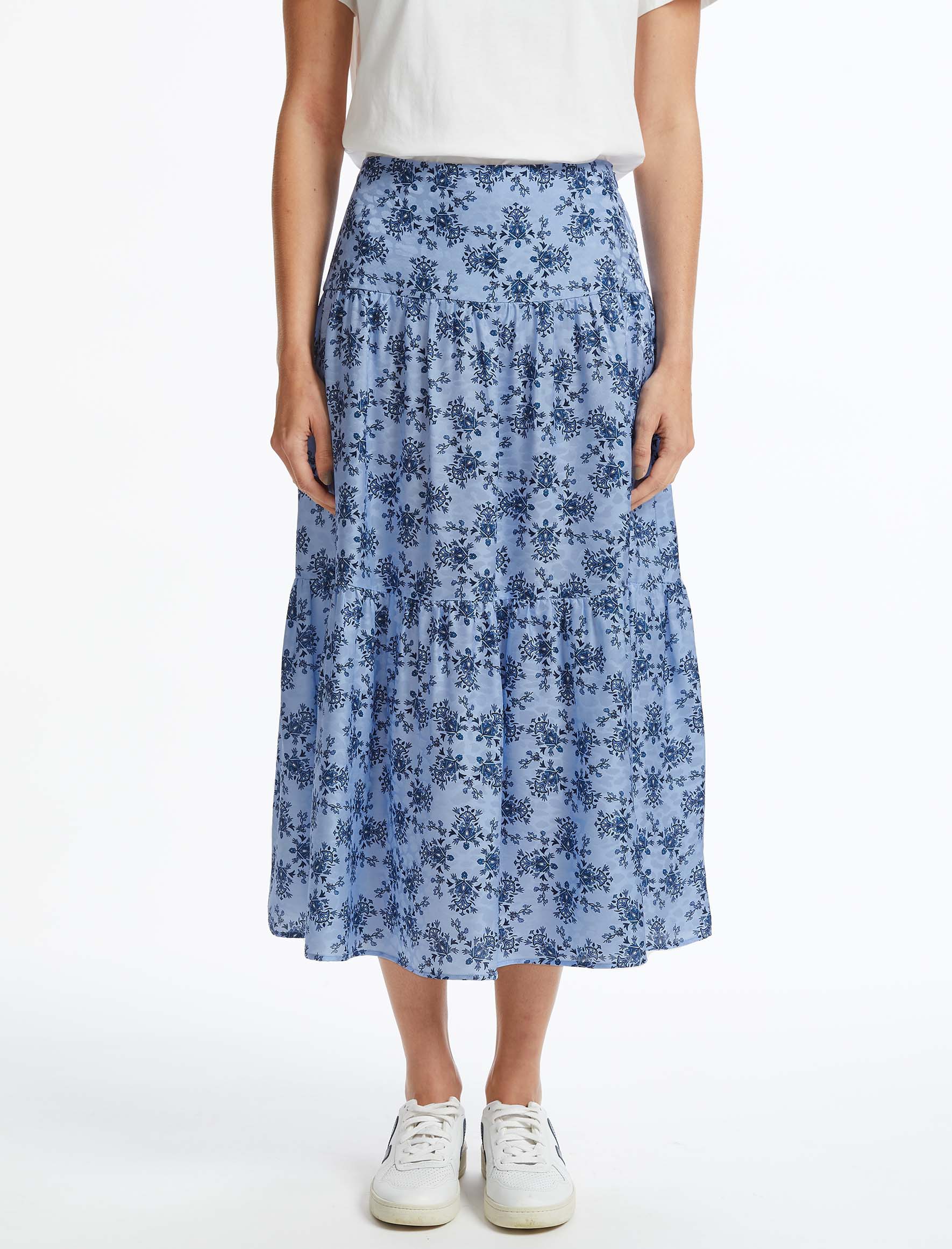 Sylvia Tiered Gathered Silk Blend Maxi Skirt in Blue Graphic