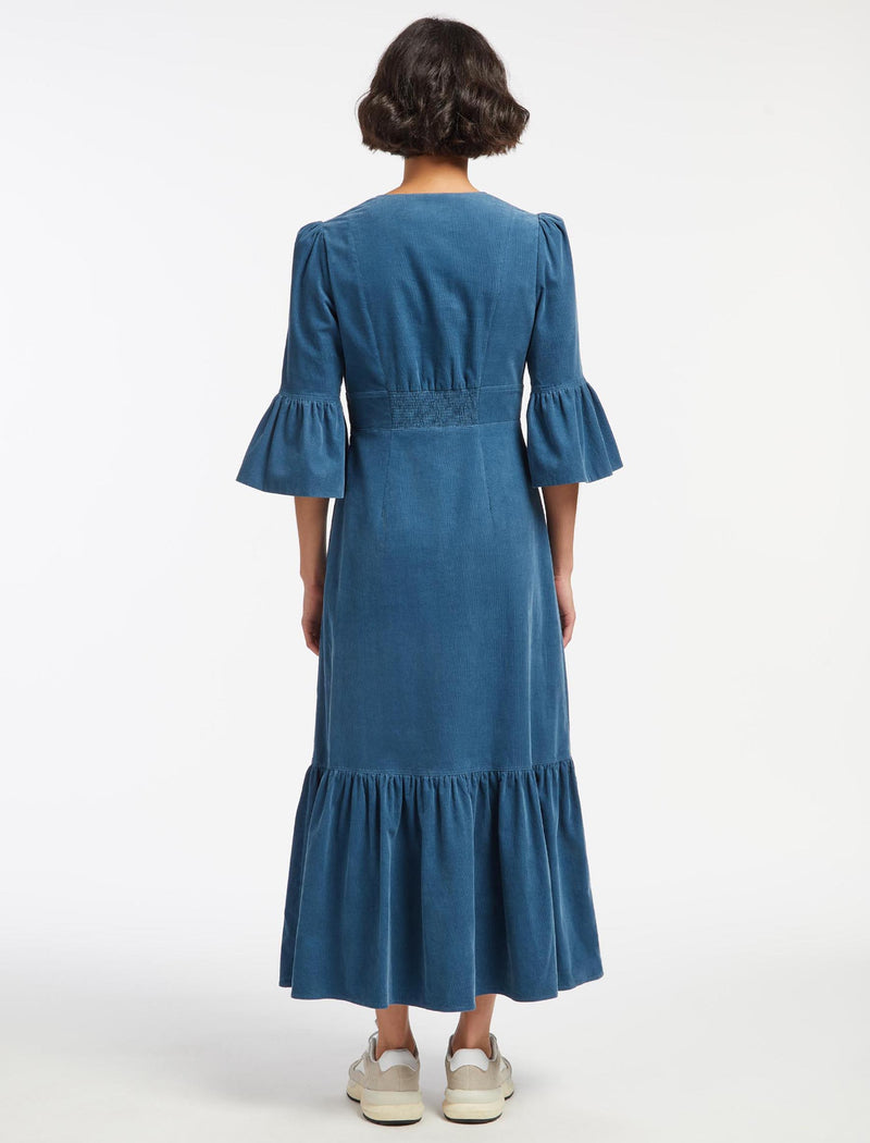 Daphne Pin Corduroy Round Neck Maxi Dress In Mid Blue With 3 4 Length ...