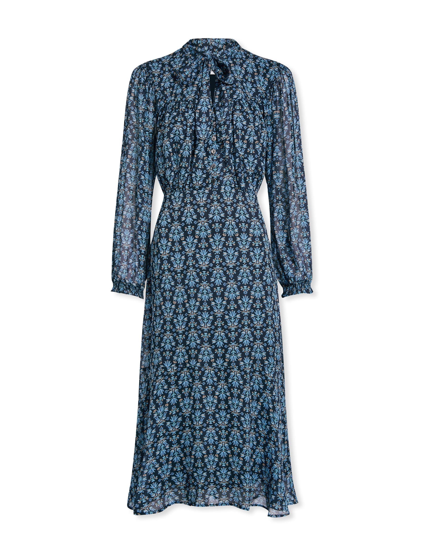 Abigail Scarf Neck Detail Long Sleeve Midi Dress in Blue Folk