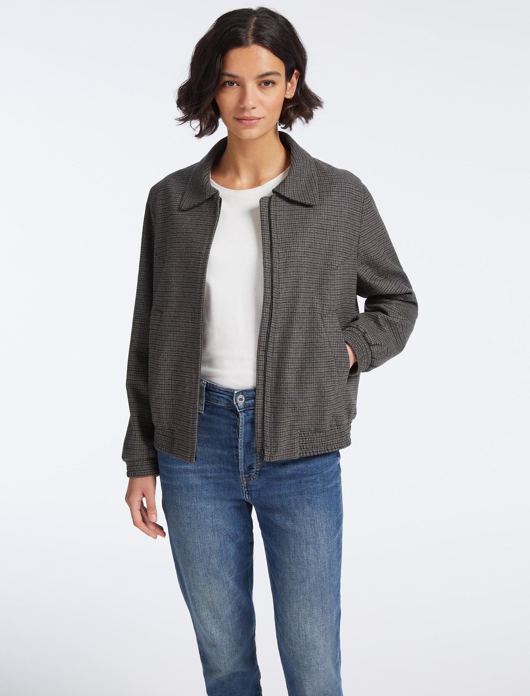 Lexi Wool Blend Collared Bomber Jacket in Charcoal Navy Black Check