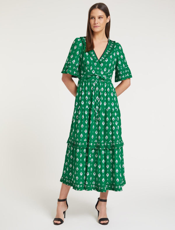 Dress Maxi Green Shirred Ikat Tiered Volie with Sabrina Visose Print Embroidered Cotton Bodice -