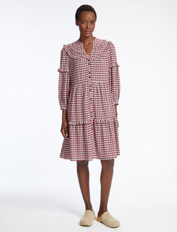 Suki Organic Cotton Seersucker Midi Dress - Red White Check