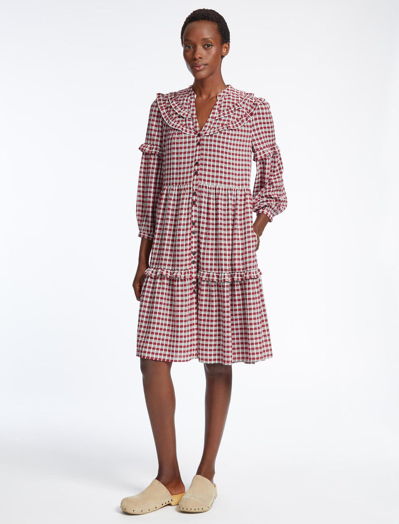 Suki Organic Cotton Seersucker Midi Dress - Red White Check