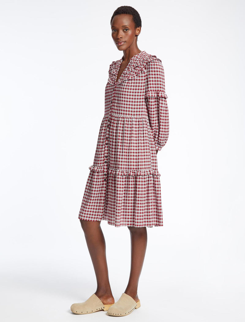 Suki Organic Cotton Seersucker Midi Dress - Red White Check