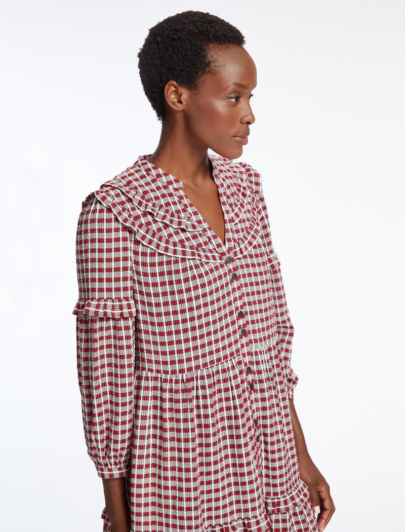 Suki Organic Cotton Seersucker Midi Dress - Red White Check