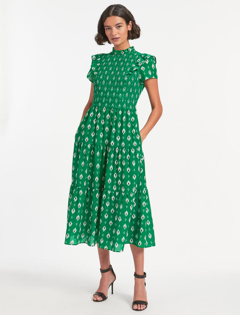 Sabrina Cotton Visose Embroidered - with Bodice Ikat Shirred Green Tiered Volie Print Dress Maxi