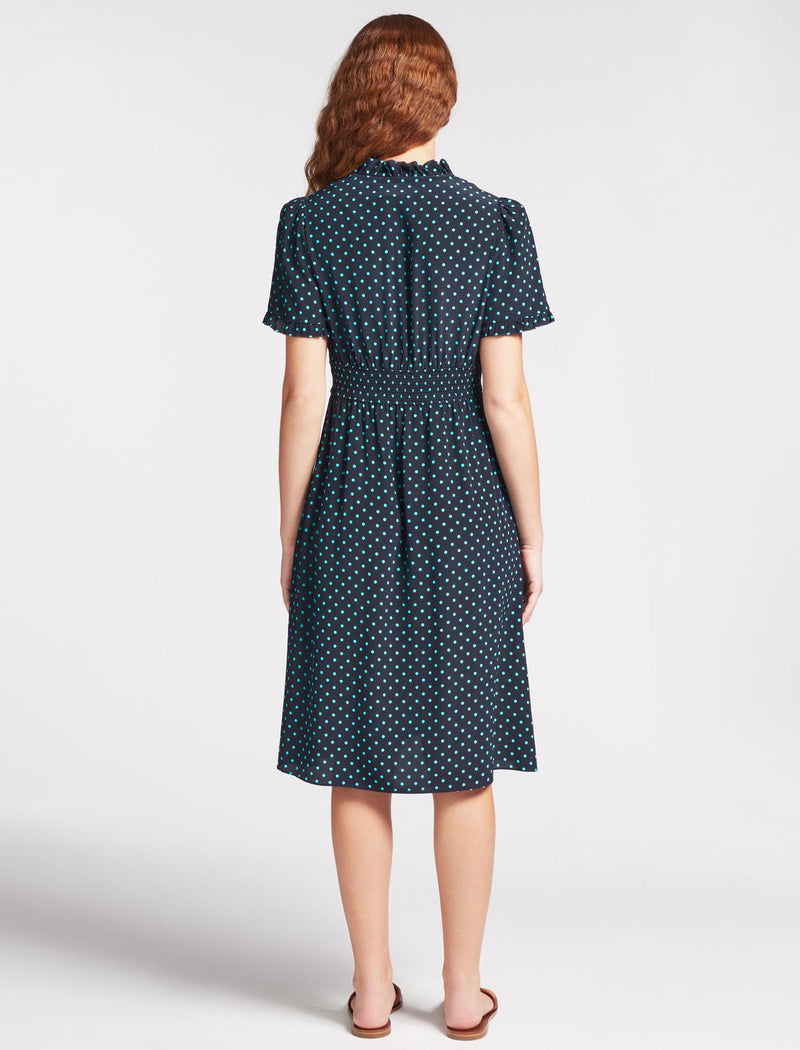 Tabby Silk Frill Detail Tea Dress - Navy Turquoise Polka Dot Print