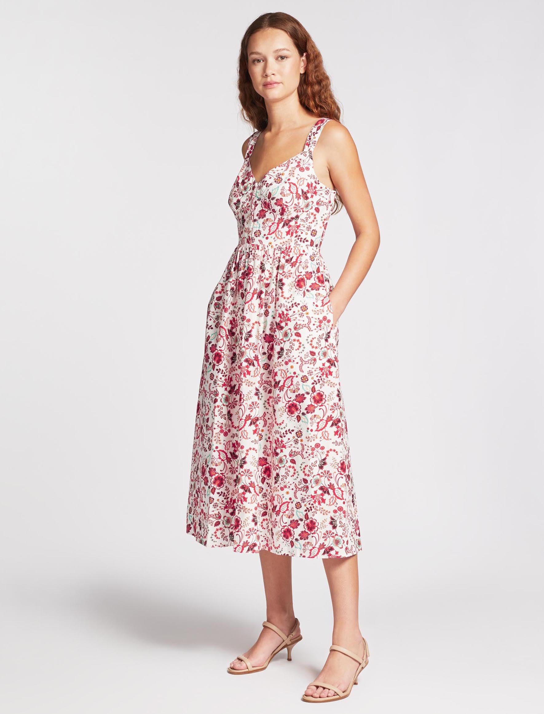 White and Red Floral Fiona Midi Cami Dress