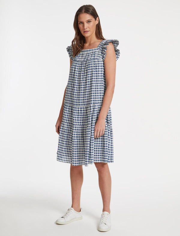 Maisie Organic Cotton Seersucker Midi Dress - Blue White Check