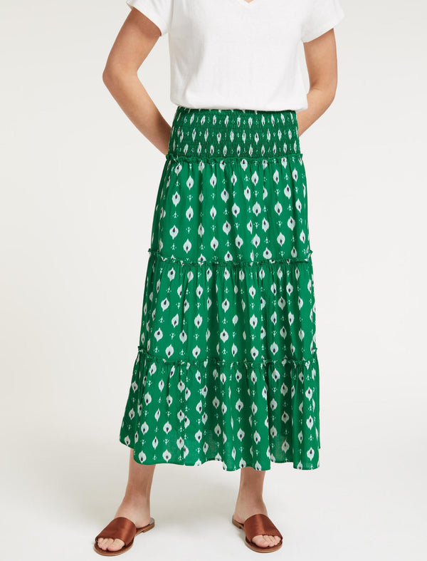 Kira Cotton Maxi Skirt - Green Ikat Print