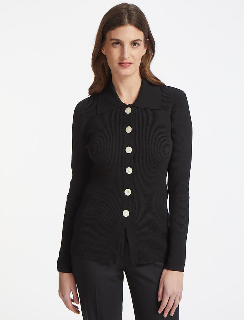 Kelis Wool Rib Knit Longline Collared Cardigan In Black With Button Detail